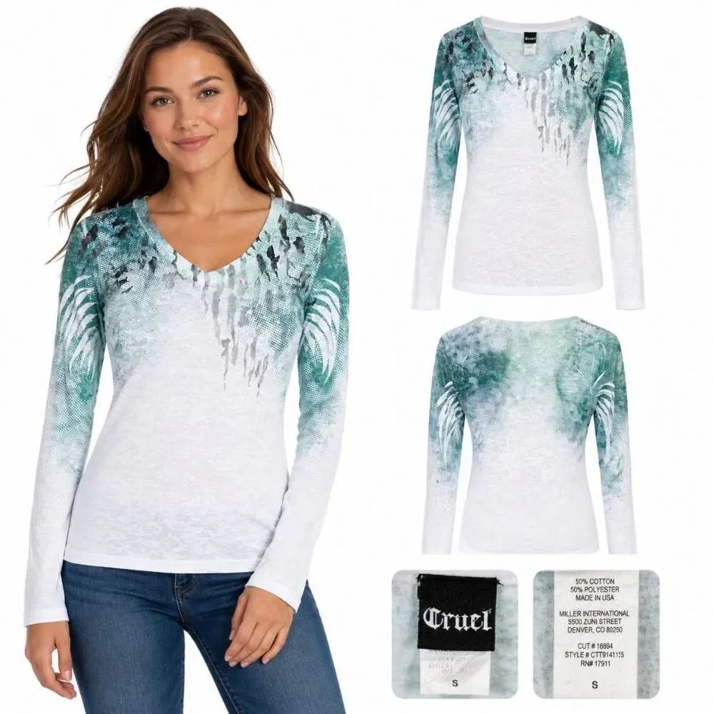 Cruel Size S Teal White Graphic V Neck Long Sleeve Top